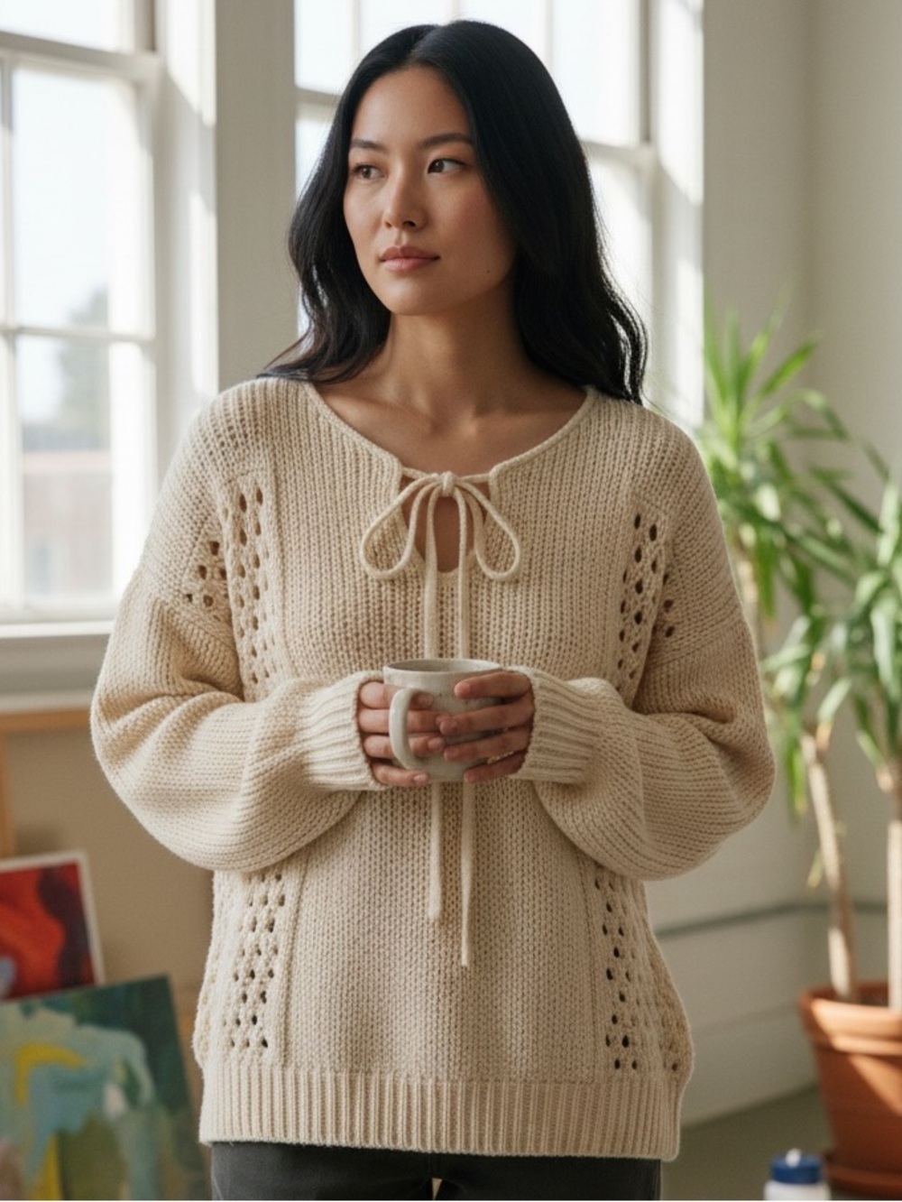CAbi Cream Tie-Neck Openwork Knit Sweater